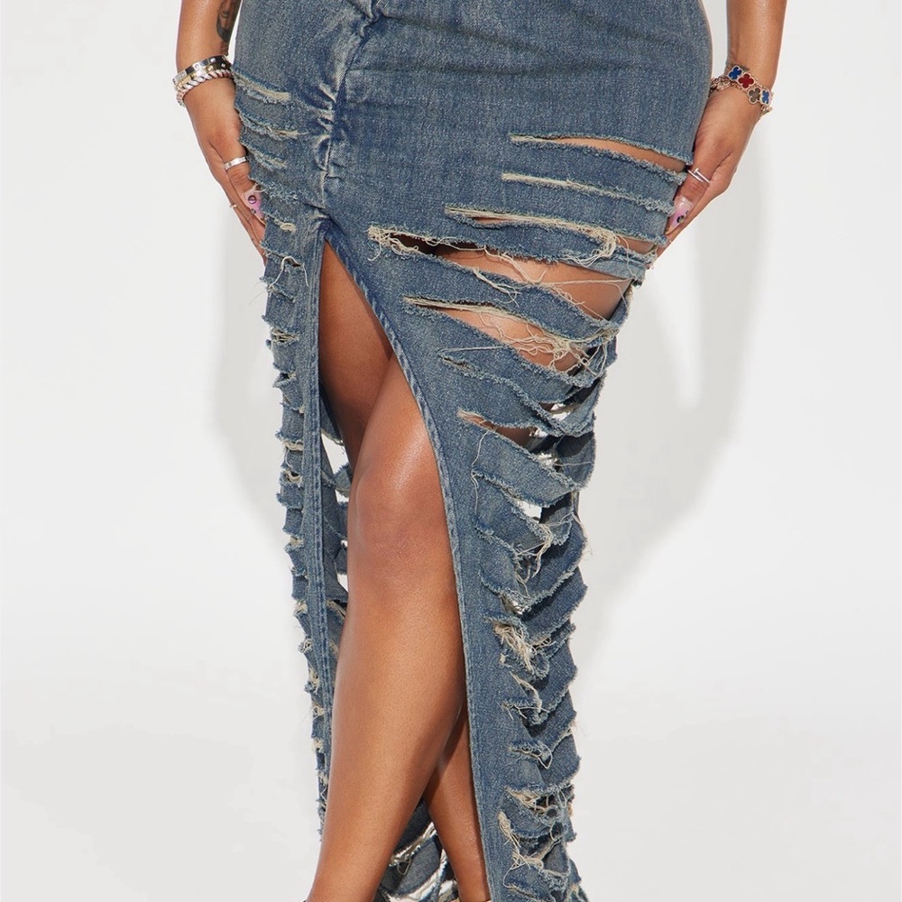 Distressed Denim Maxi Skirt